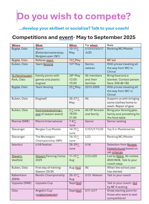 Konkurranseplan og eventer - Mai - September 2025